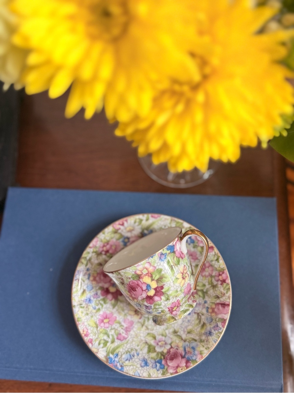 Floral Porcelain Demitasse & Saucer Set - Chintz- Pink Green Multicolor